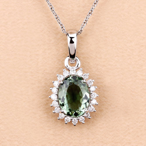 1.39 Carat Genuine Green Tourmaline and White Diamond 14K White Gold Pendant