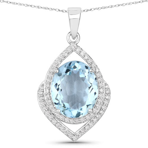 3.82 Carat Genuine Aquamarine and White Diamond 14K White Gold Pendant