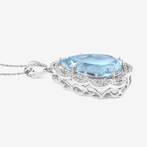 11.90 Carat Genuine Aquamarine and White Diamond 14K White Gold Pendant