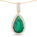 IGI Certified 3.22 Carat Genuine Zambian Emerald and White Diamond 14K Yellow Gold Pendant