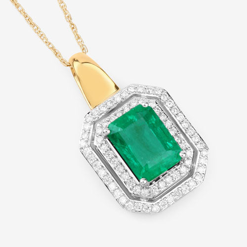 IGI Certified 2.37 Carat Genuine Zambian Emerald and White Diamond 14K Yellow & White Gold Pendant