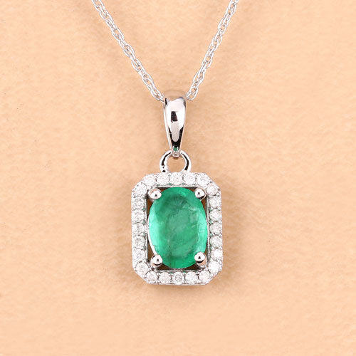 0.83 Carat Genuine Zambian Emerald and White Diamond 10K White Gold Pendant