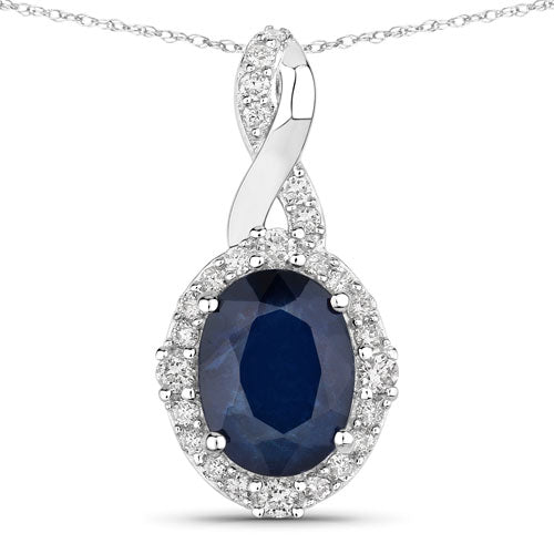1.72 Carat Genuine Blue Sapphire and White Diamond 14K White Gold Pendant