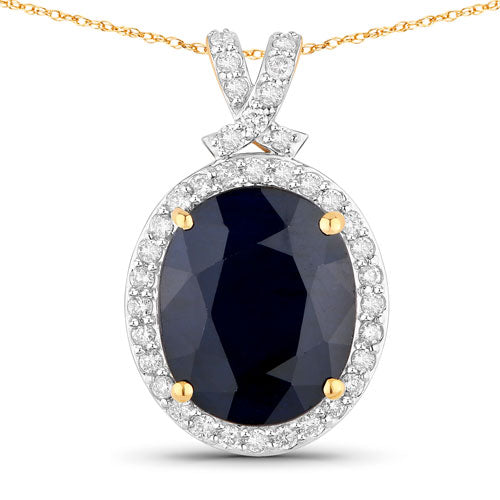 6.58 Carat Genuine Blue Sapphire and White Diamond 14K Yellow Gold Pendant