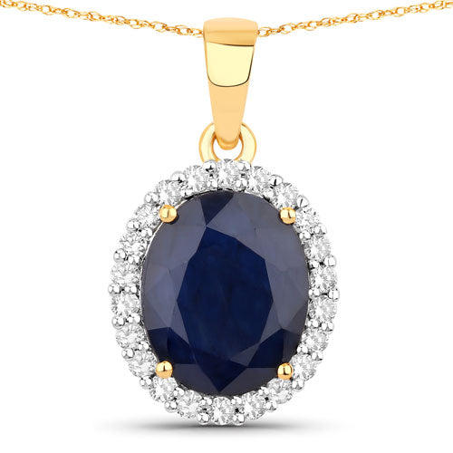4.63 Carat Genuine Blue Sapphire and White Diamond 14K Yellow Gold Pendant