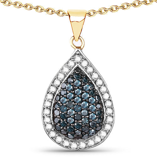 14K Yellow Gold Plated 0.81 Carat Genuine Blue Diamond and White Diamond .925 Sterling Silver Pendant