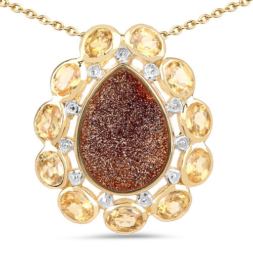 14K Yellow Gold Plated 5.14 Carat Genuine Red Droozi and Citrine .925 Sterling Silver Pendant