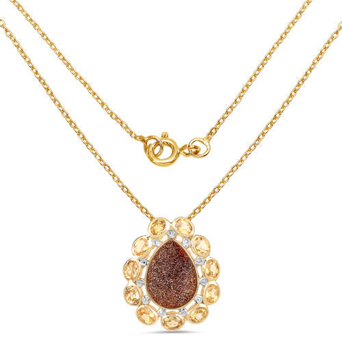 14K Yellow Gold Plated 5.14 Carat Genuine Red Droozi and Citrine .925 Sterling Silver Pendant