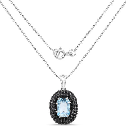 6.70 Carat Genuine Blue Topaz and Black Spinel .925 Sterling Silver Pendant