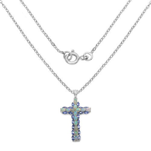 3.32 Carat Genuine Ethiopian Opal and Tanzanite .925 Sterling Silver Pendant