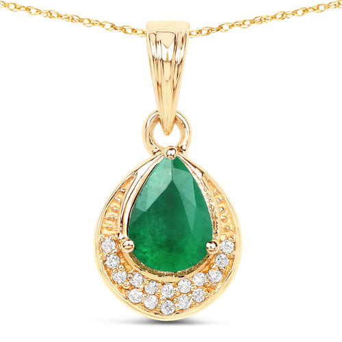 0.89 Carat Genuine Zambian Emerald and White Diamond 14K Yellow Gold Pendant