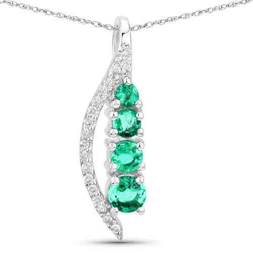 0.34 Carat Genuine Zambian Emerald and White Diamond 14K White Gold Pendant
