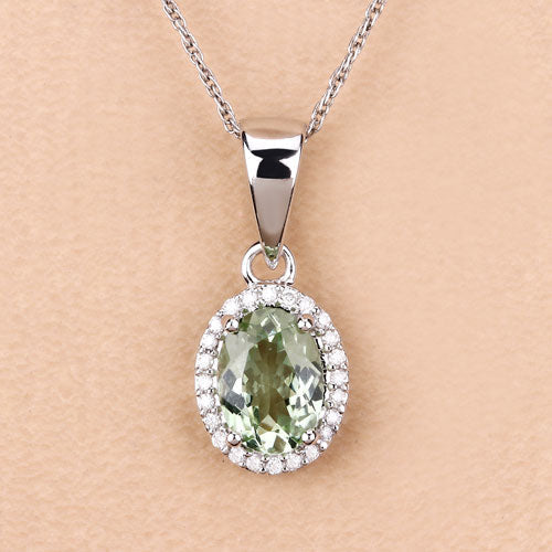 1.27 Carat Genuine Green Tourmaline and White Diamond 14K White Gold Pendant