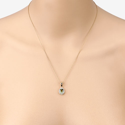 1.27 Carat Genuine Green Tourmaline and White Diamond 14K Yellow Gold Pendant
