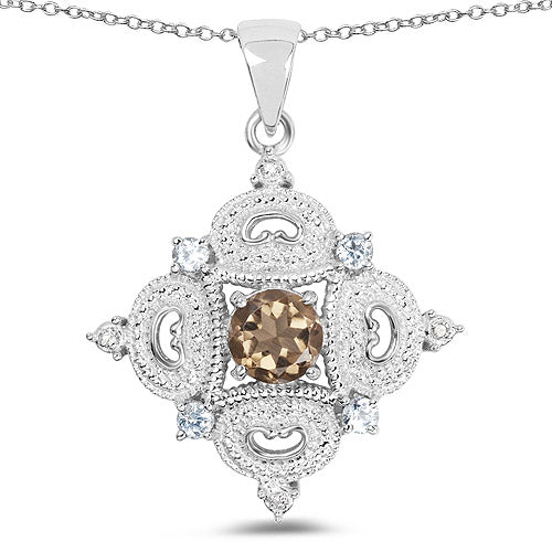 3.00 Carat Genuine Smoky Quartz, Blue Topaz and White Topaz .925 Sterling Silver Pendant