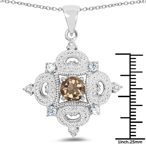 3.00 Carat Genuine Smoky Quartz, Blue Topaz and White Topaz .925 Sterling Silver Pendant