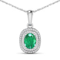 1.50 Carat Genuine Zambian Emerald and White Diamond 14K White Gold Pendant