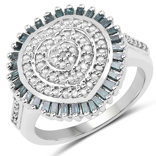 0.74 Carat Genuine White Diamond and Green Diamond .925 Sterling Silver Ring