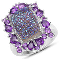 5.97 Carat Genuine Drusy Quartz and Amethyst .925 Sterling Silver Ring