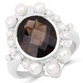 5.75 Carat Genuine Smoky Quartz and Pearl .925 Sterling Silver Ring