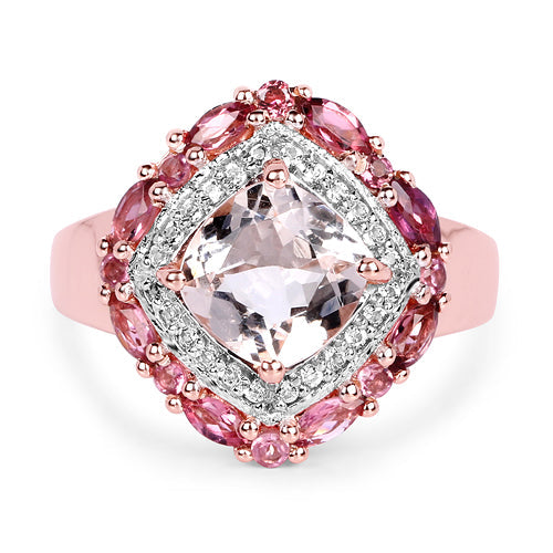 14K Rose Gold Plated 3.11 Carat Genuine Morganite, Pink Tourmaline & White Topaz .925 Sterling Silver Ring