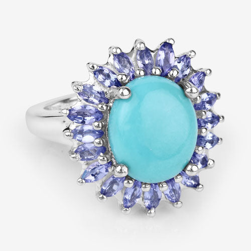 6.10 Carat Genuine Larimar and Tanzanite .925 Sterling Silver Ring