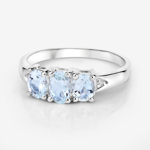 0.95 Carat Genuine Aquamarine and White Diamond .925 Sterling Silver Ring