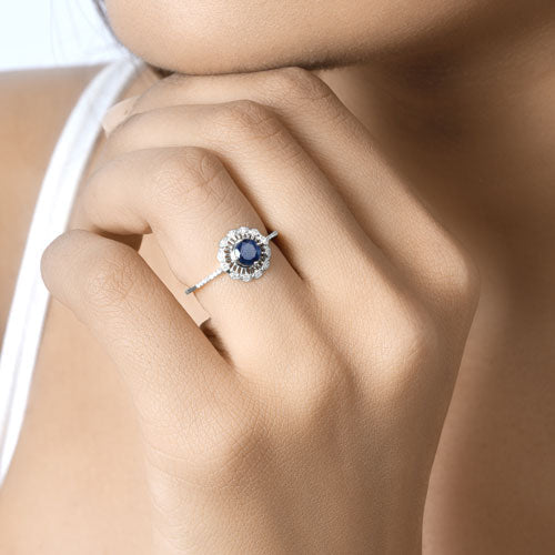0.78 Carat Genuine Blue Sapphire and White Diamond 14K White Gold Ring