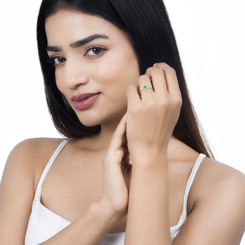0.55 Carat Genuine Zambian Emerald and White Diamond 14K Yellow Gold Ring