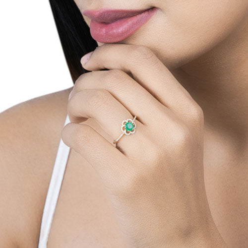 0.55 Carat Genuine Zambian Emerald and White Diamond 14K Yellow Gold Ring