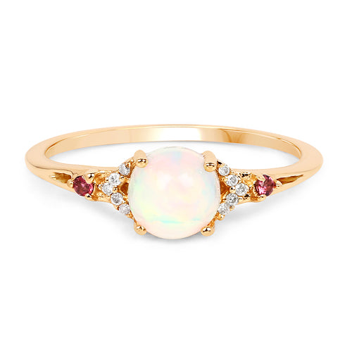 0.57 Carat Genuine Opal Ethiopian, Pink Tourmaline & White Diamond 14K Yellow Gold Ring