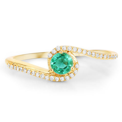 0.33 Carat Genuine Zambian Emerald and White Diamond 14K Yellow Gold Ring