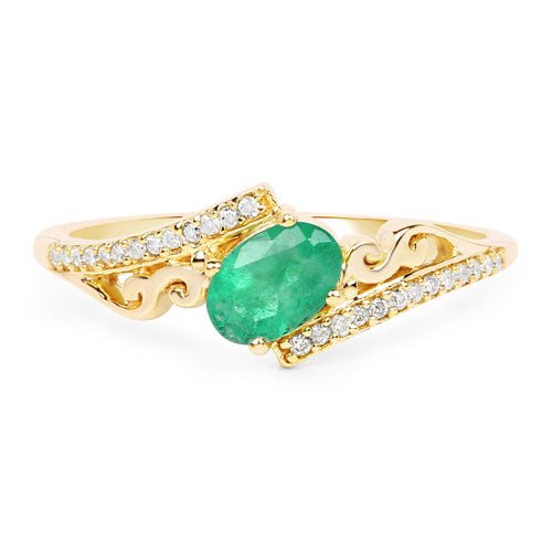 0.51 Carat Genuine Zambian Emerald and White Diamond 14K Yellow Gold Ring