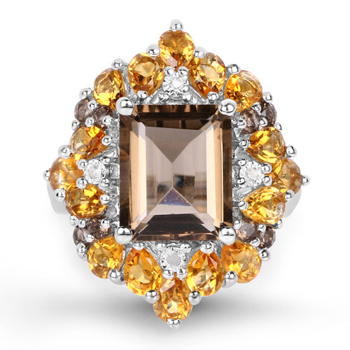 6.72 Carat Genuine Smoky Quartz, Citrine and White Diamond .925 Sterling Silver Ring