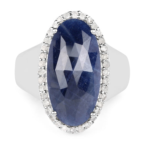 9.83 Carat Genuine Blue Sapphire and White Diamond .925 Sterling Silver Ring