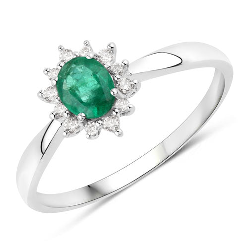 0.40 Carat Genuine Zambian Emerald and White Diamond 14K White Gold Ring