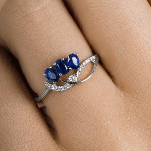 0.65 Carat Genuine Blue Sapphire and White Diamond 14K White Gold Ring