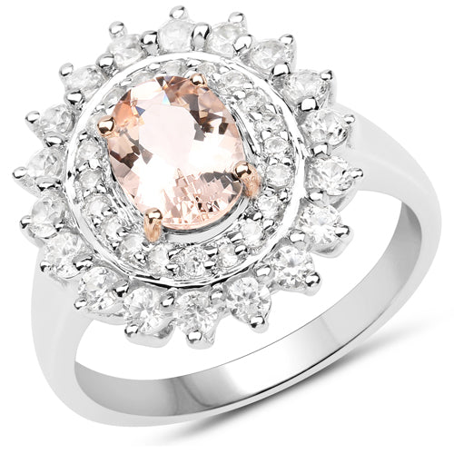 Two Tone Plated 2.30 Carat Genuine Pink Morganite and White Zircon .925 Sterling Silver Ring