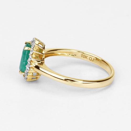 1.39 Carat Genuine Zambian Emerald and White Diamond 10K Yellow Gold Ring