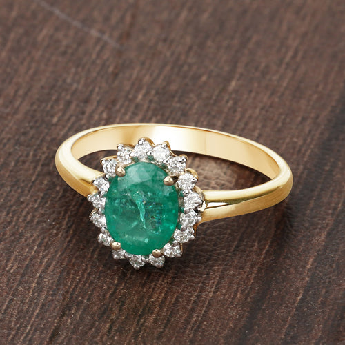 1.39 Carat Genuine Zambian Emerald and White Diamond 10K Yellow Gold Ring