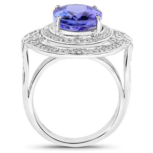 14K White Gold 6.83 Carat Genuine Tanzanite and White Diamond Ring