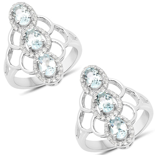 1.54 Carat Genuine Aquamarine and White Zircon .925 Sterling Silver Ring