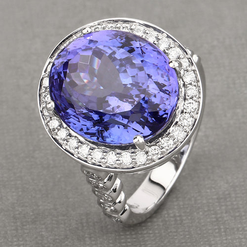 18.50 Carat Genuine Tanzanite and White Diamond 18K White Gold Ring