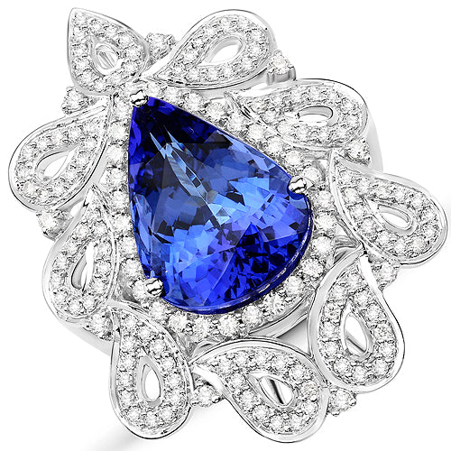 11.68 Carat Genuine Tanzanite and White Diamond 18K White Gold Ring