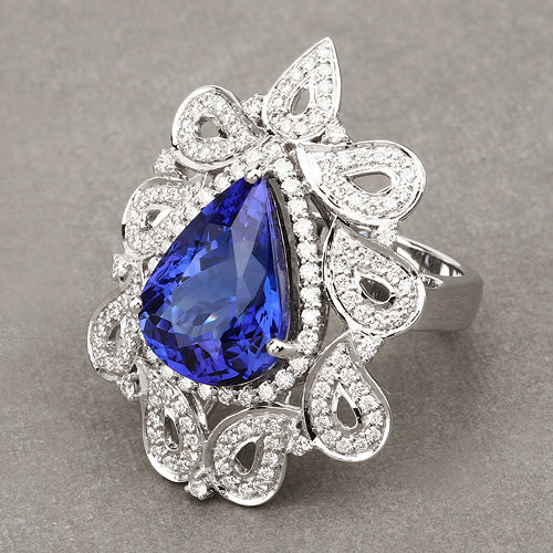 11.68 Carat Genuine Tanzanite and White Diamond 18K White Gold Ring