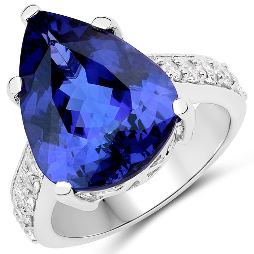 11.40 Carat Genuine Tanzanite and White Diamond 18K White Gold Ring