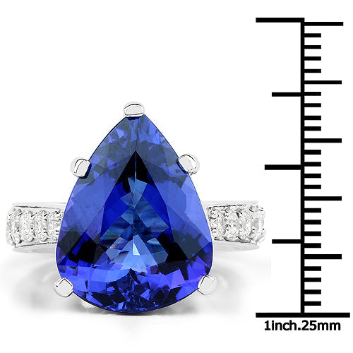 11.40 Carat Genuine Tanzanite and White Diamond 18K White Gold Ring