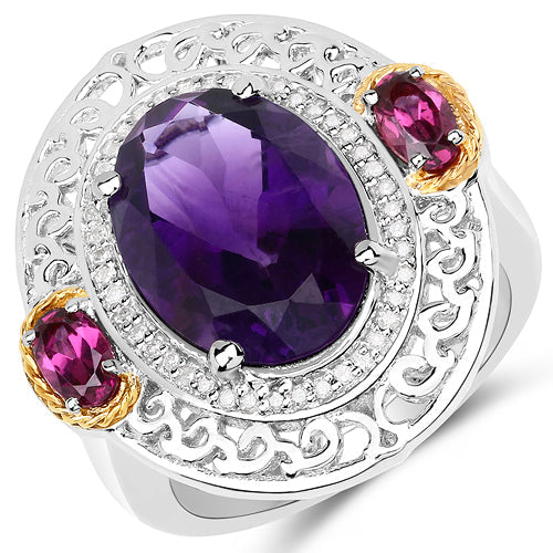 5.58 Carat Genuine Amethyst, Rhodolite and White Diamond 14K Yellow Gold with .925 Sterling Silver Ring