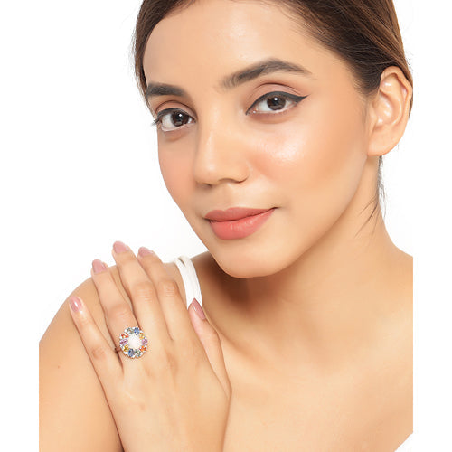 3.92 Carat Genuine Ethiopian Opal, Multi Sapphire and White Diamond .925 Sterling Silver Ring