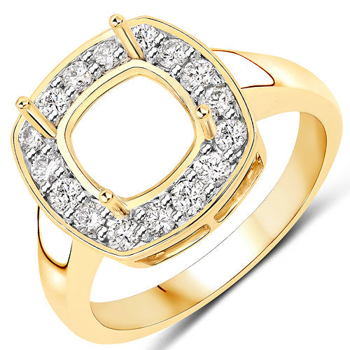 0.48 Carat Genuine White Diamond 14K Yellow Gold Semi Mount Ring - holds 8x8mm Cushion Gemstone